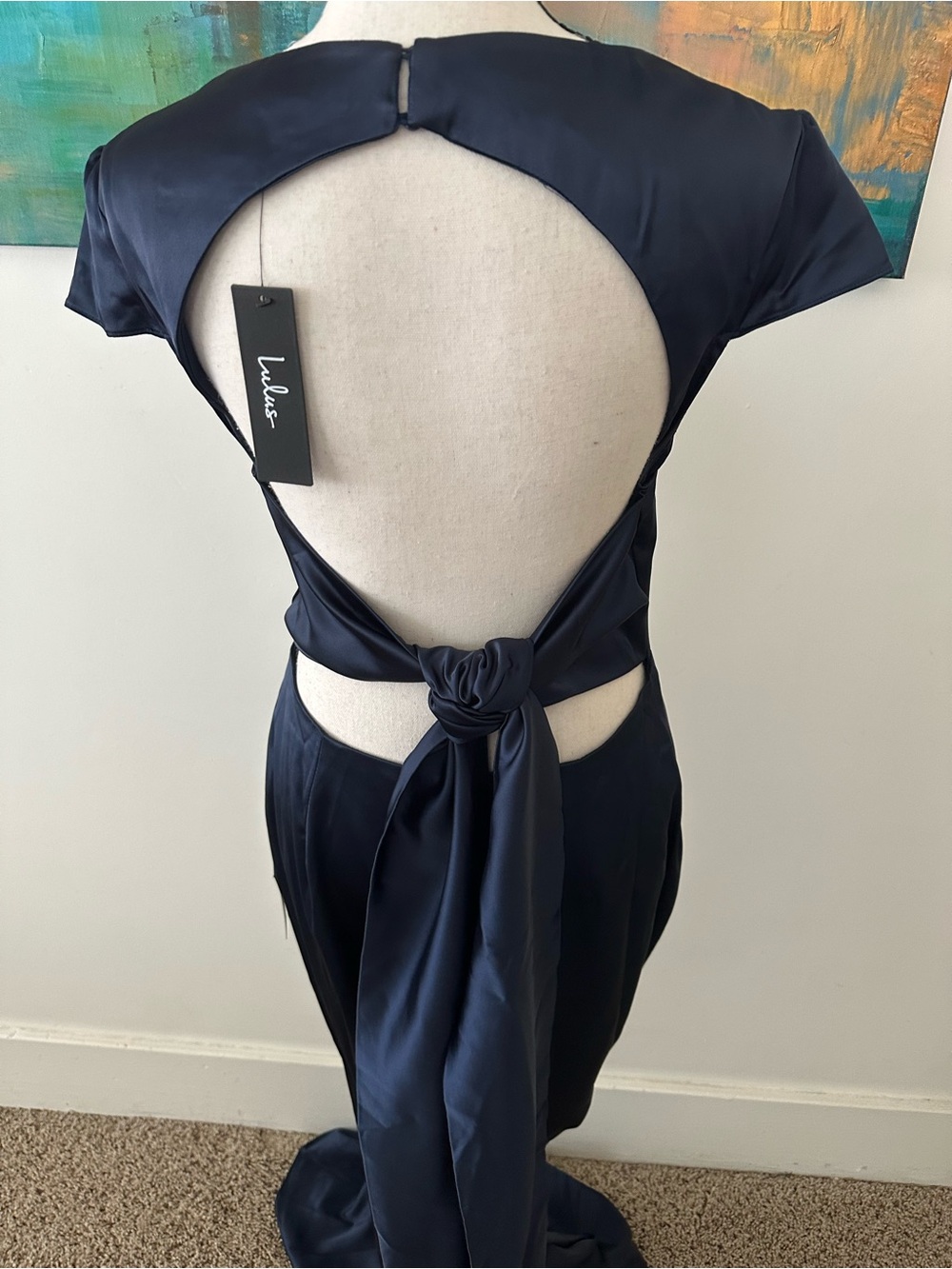 Lulus NWT Celebration Of Romance Navy Satin Back Tie Maxi Dress Gown L - Picture 10 of 15